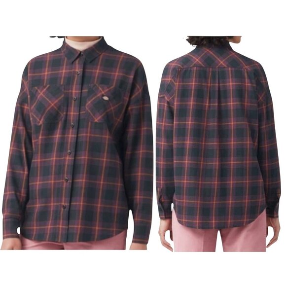 Dickies Womens Bakerhill Oversized Black Plaid Button-Up Shirt Long Sleeve Small - Picture 1 of 15